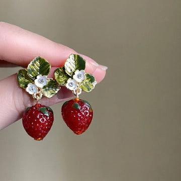 Qfdian Delicate Red Strawberry Flower Drop Earrings for Women 3D Simulated Fruit Green Leaves Earrings Girls Jewelry Accessories